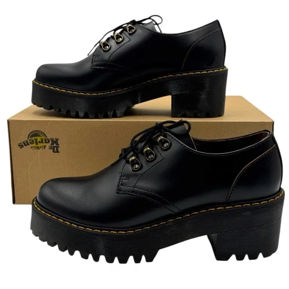 Dr. Martens Leona Low Platform Derby Shoes - Black Vintage Smooth Leather Size 9